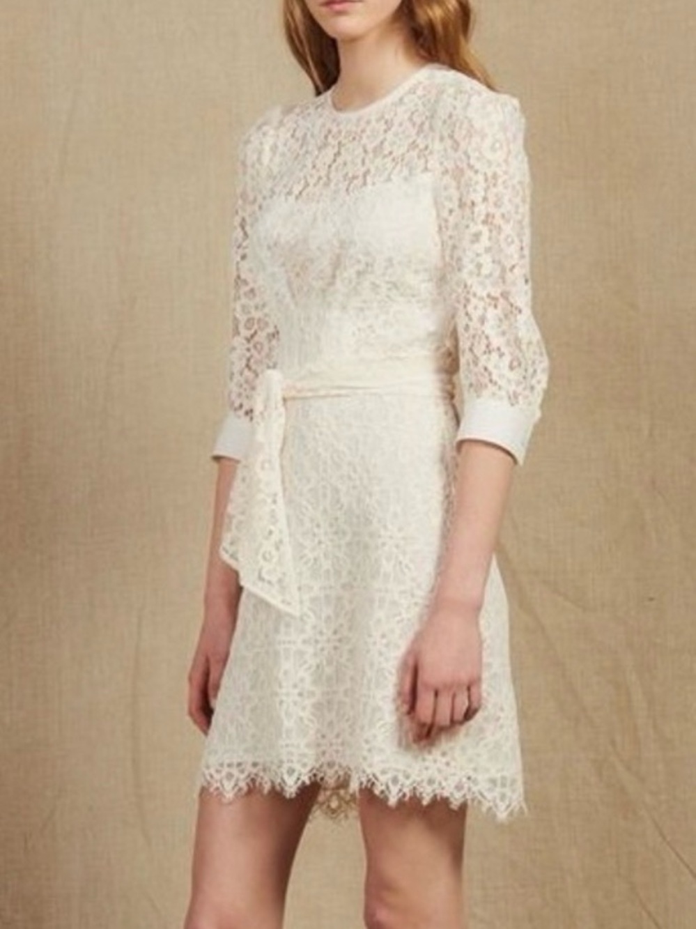 Sandro Ivory Lace Long-Sleeve Tie-Waist Dress
